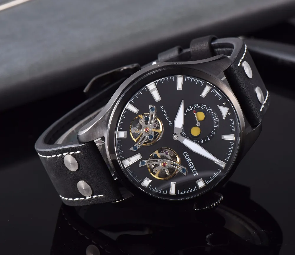 Corgeut 47 мм Чехол Мужские часы Скелет автоматические часы PVD запас хода Tourbillon Мужские механические часы мужские часы подарок
