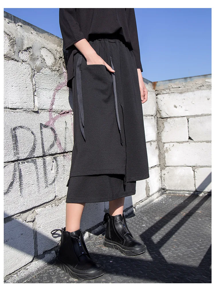 Fashion Women Elastic Waist Skirts Female New Pockets Lace-up Side Open Skirt