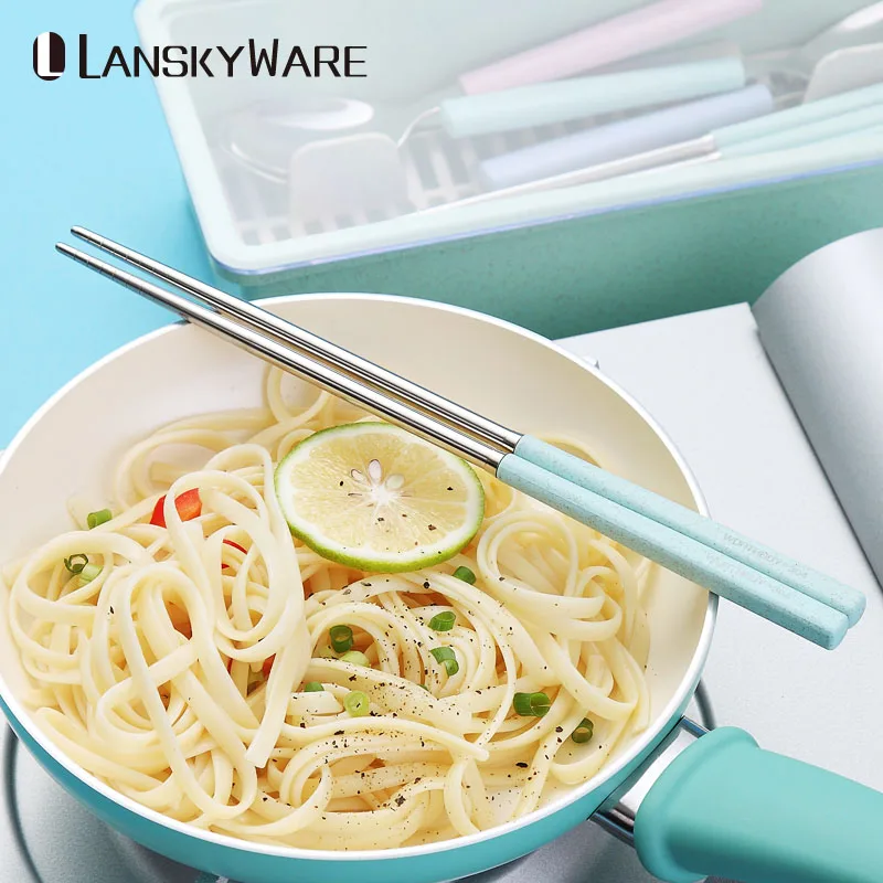 LANSKYWARE 4/8 пар 304 нержавеющая сталь китайская палочка для еды с ручкой из пшеничной соломы Многоразовые палочки для еды набор палочек для суши