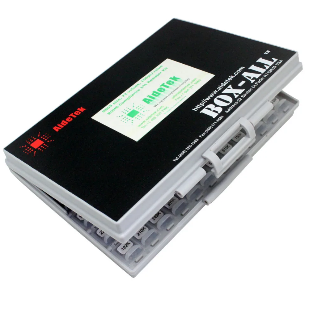 

AideTek 0805 Size 72 Values 100pc/v 1% Engineering Sample Resistor Kit BOX-ALL 10Mohm E96 resistor storage plastic box R08E12100
