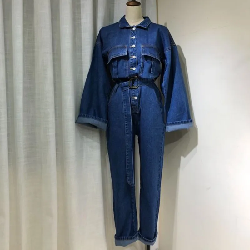 blue Весенние женские джинсовые комбинезоны с длинным рукавом и поясом, модные комбинезоны с отворотом, длинные джинсы, однобортная женская одежда - Цвет: blue