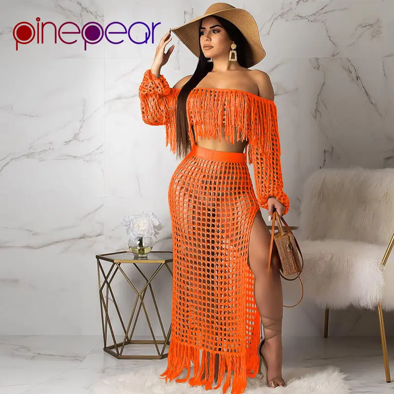 Оранжевый PinePear ажурные кисточкой See Through укороченный топ с длинными рукавами+ юбка макси комплект из 2 предметов женский купальник, пляжная одежда дропшиппинг - Цвет: Оранжевый