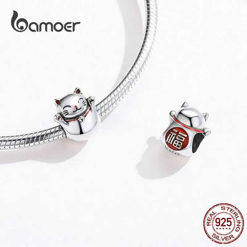 BAMOER 925 Серебряный Кот металлический Шарм счастливый Хранитель Манеки Неко металлические бусины для женщин очаровательные браслеты DIY Ювелирные изделия SCC1178
