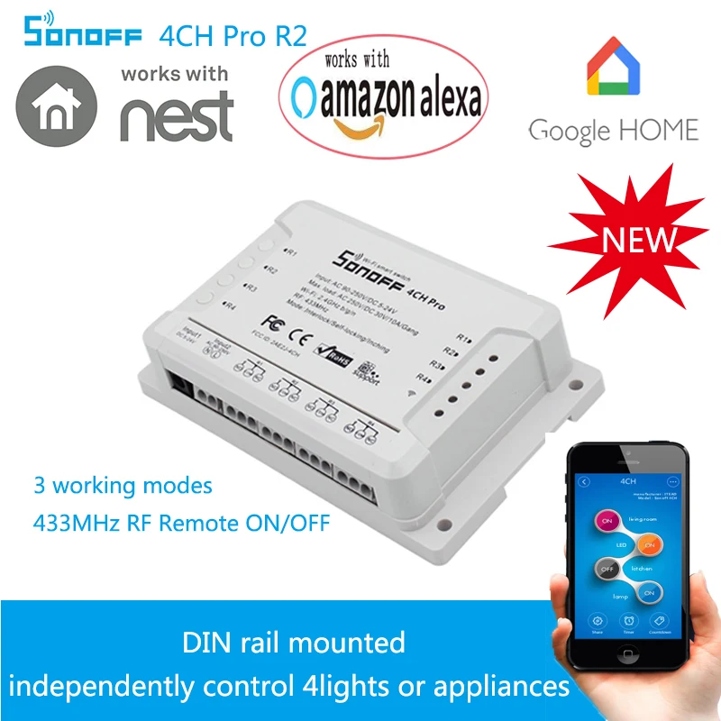 Sonoff 4CH Pro R2 4 канала Wi Fi Smart Switch 433 мГц РФ дистанционного Wifi освещение Коммутатор