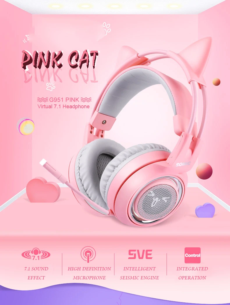 SOMIC G951 розовые кошачьи наушники виртуальной 7,1 с шумоподавлением, игровые наушники, вибрация, светодиодный, USB гарнитура, наушники для девочек, для ПК
