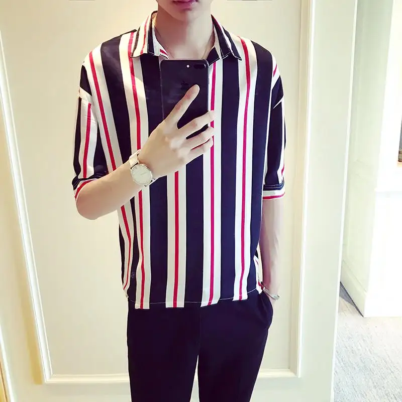 

LOLDEAL Summer Five-point Sleeve Shirt Social Guy Vertical Stripes V-neck Sleeve Shirt Men's Casual Fashion Loose Shirt