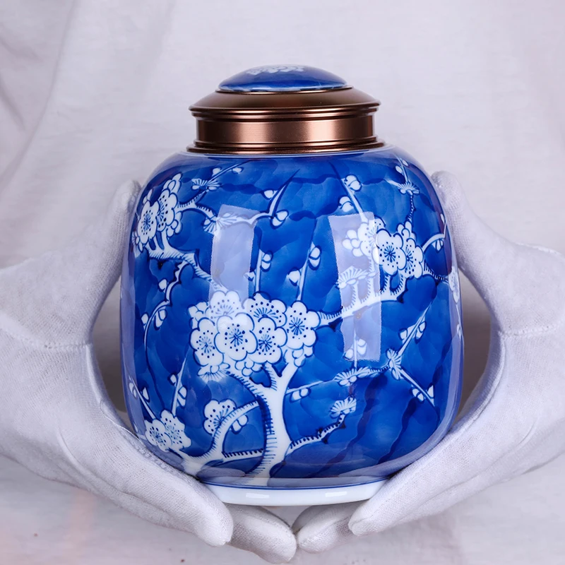 

Japanese Style Unique Antique Blue And White Handpainted Plum Sealed Ceramic Tea Jar Porcelain Small Tea Caddy Storage