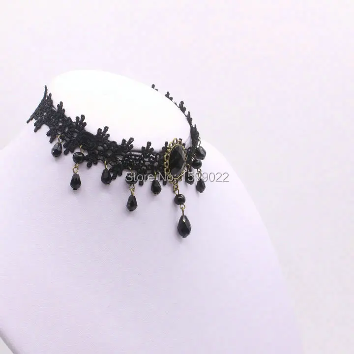 Woman Lace Statement Choker Necklace Vintage Beaded Water Drop Pendants Jewerly Black False Collar Costume Accessories | Украшения и