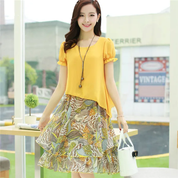 DZ0715yellow 5XL летнее женское шифоновое платье, женское платье с коротким рукавом и цветочным принтом, повседневный комплект из двух предметов, свободный сарафан размера плюс - Цвет: DZ0715yellow