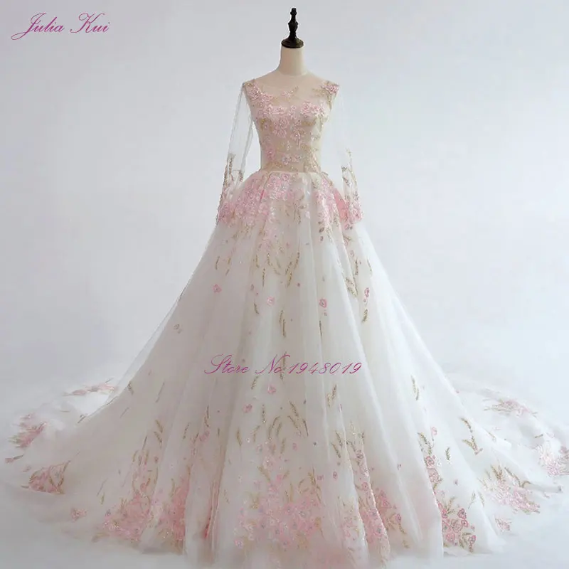 

Julia Kui New Arrival A-line Floral Print Wedding Dress Full Sleeve Unique Pink Embroidery Lace Chapel Train Vestido De Noiva