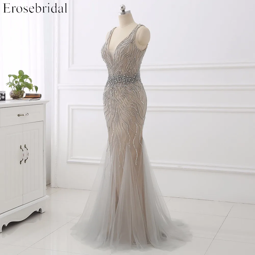 Erosebridal Русалка вечернее платье длинное светильник серый бисером роскошное длинное торжественное платье со шлейфом открытая спина