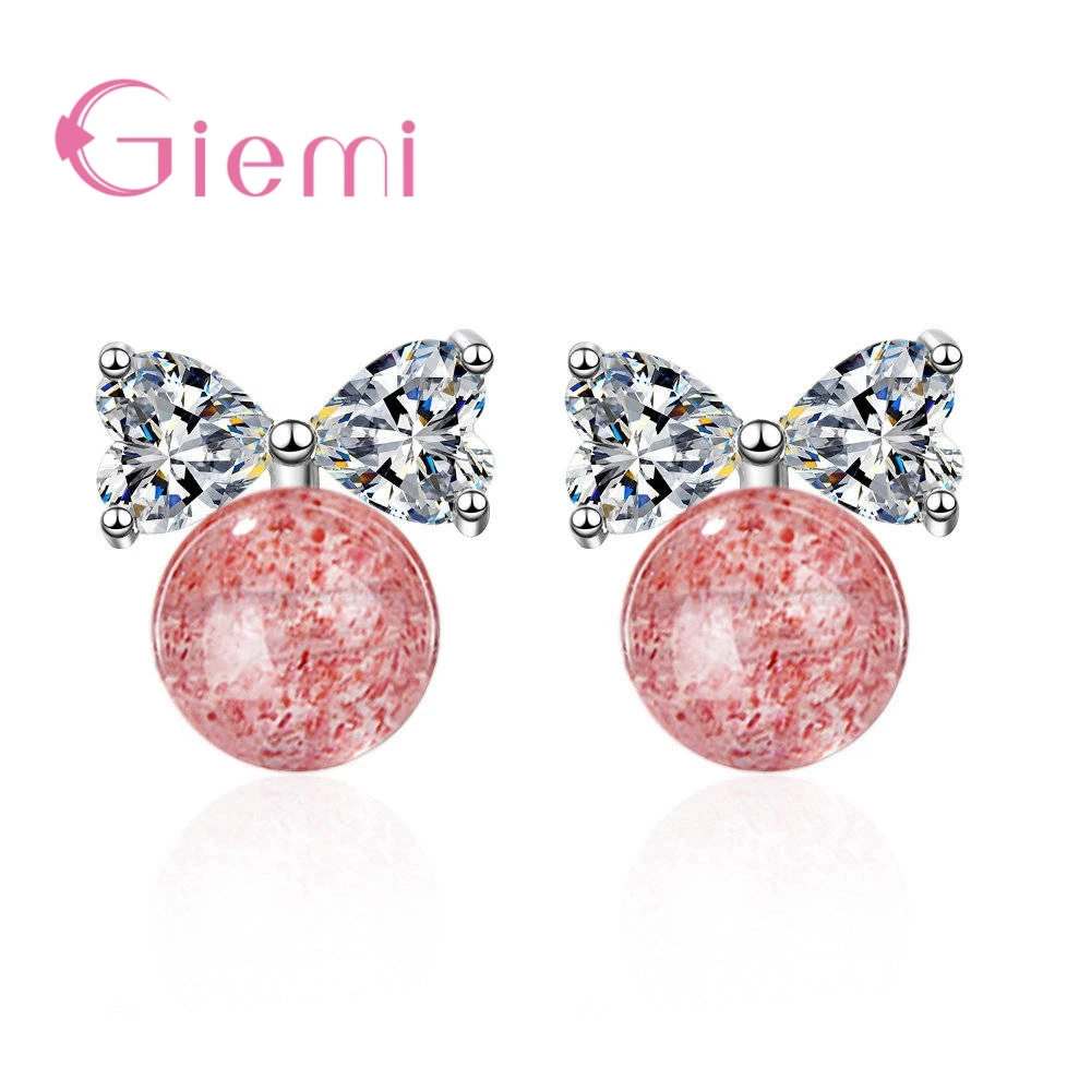 

Most Popular Women Brincos Bowknot Cute 925 Sterling Silver Stud Earrings Filled White Pink Crystals For Girls Nice Gifts