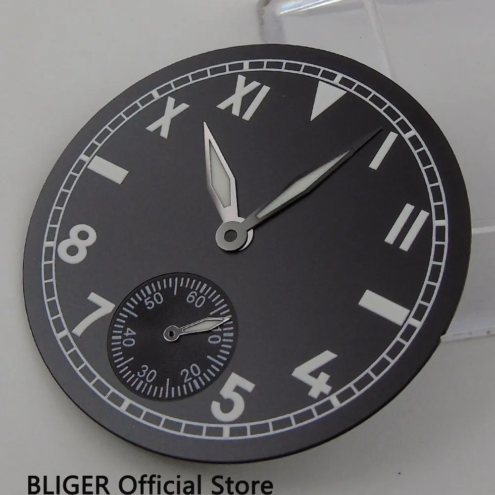 

Классический циферблат диаметром 38,9 мм, черный стерильный циферблат с римскими и арабскими цифрами, светящийся указатель, циферблат для часов ETA 6498, ручной механизм D63