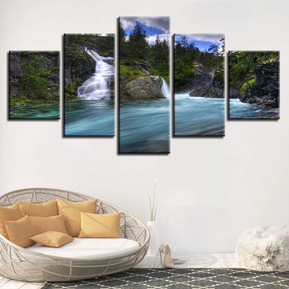 

Decor For Living Room Wall HD Printing Art Picture 5 Pieces Waterfall Forest Lake Natural Scenery Canvas Painting Modular Poster
