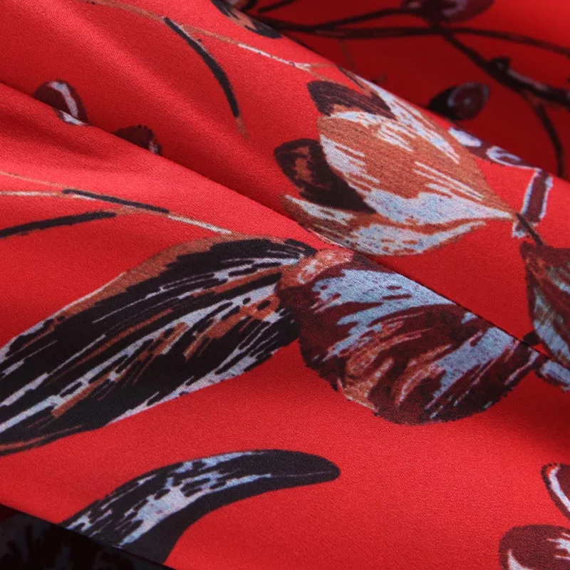 KZ208 Women's Red Color Floral Print V Neck Buckle Belt Deco Slim Waist Jumpsuit Chic | Женская одежда