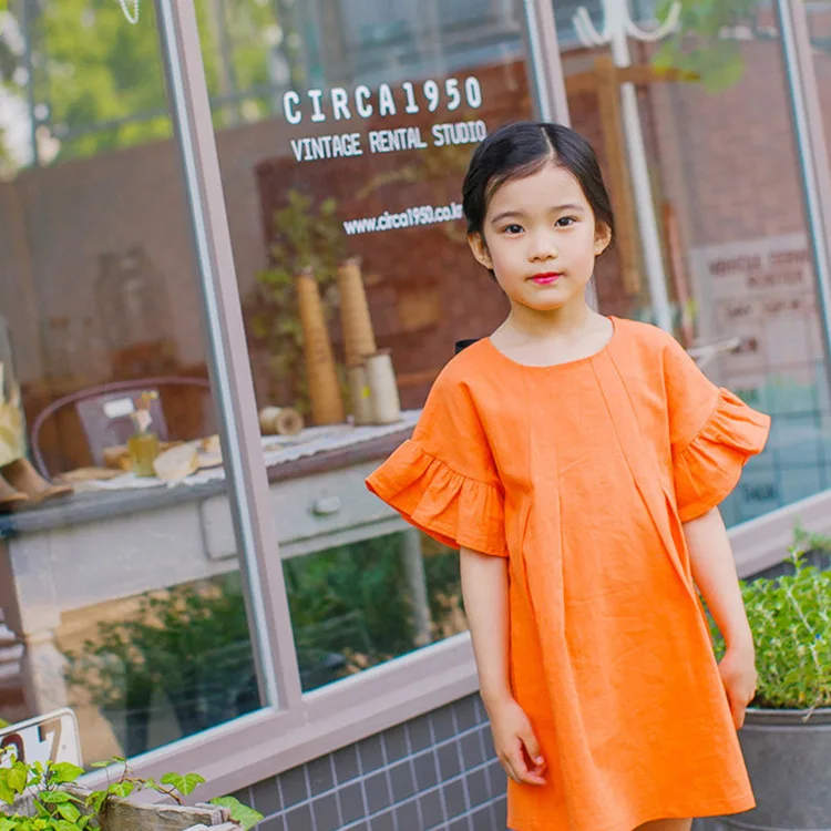 От 2 до 14 лет платье принцессы для девочек; Детский костюм; летнее вечернее платье; Вечерние платья из хлопка с короткими рукавами для маленьких девочек; оранжевая детская одежда