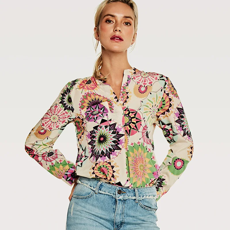 Мода 2018 блузка рубашка Для женщин осенние весенние цветы Блузки Топы vintage Высокий