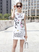 high quality 2019 summer new fashion women dress hipster letter cat print round neck sleeveless jacquard a word dresses female