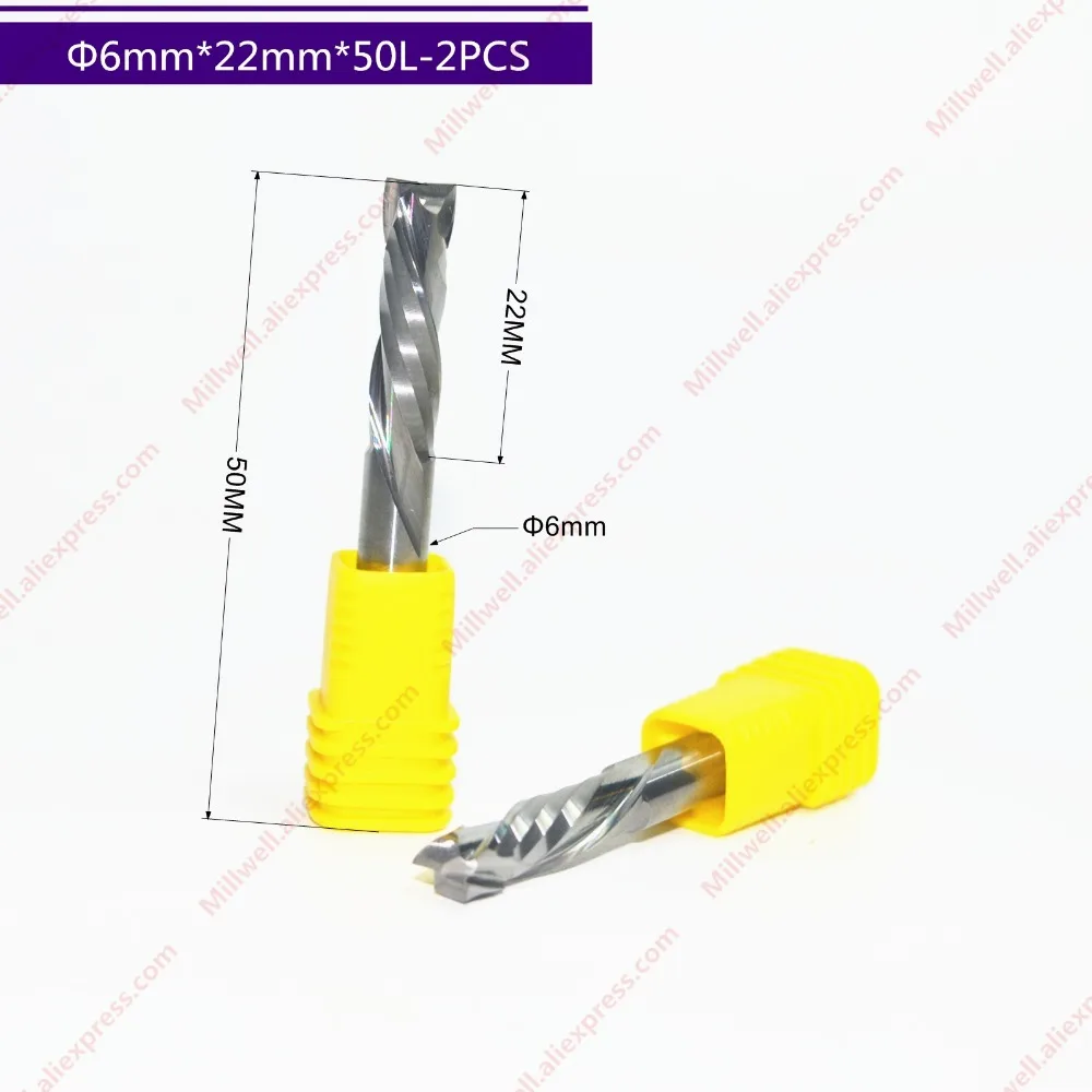 2pcs 6мм * 22 мм CNC твердосплавная Концевая фреза 2 флейты спиральные композитные