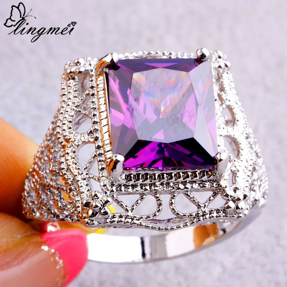 Женское кольцо с фиолетовым цирконом серебристого цвета размеры 6 7 8 9 10|fashion rings for