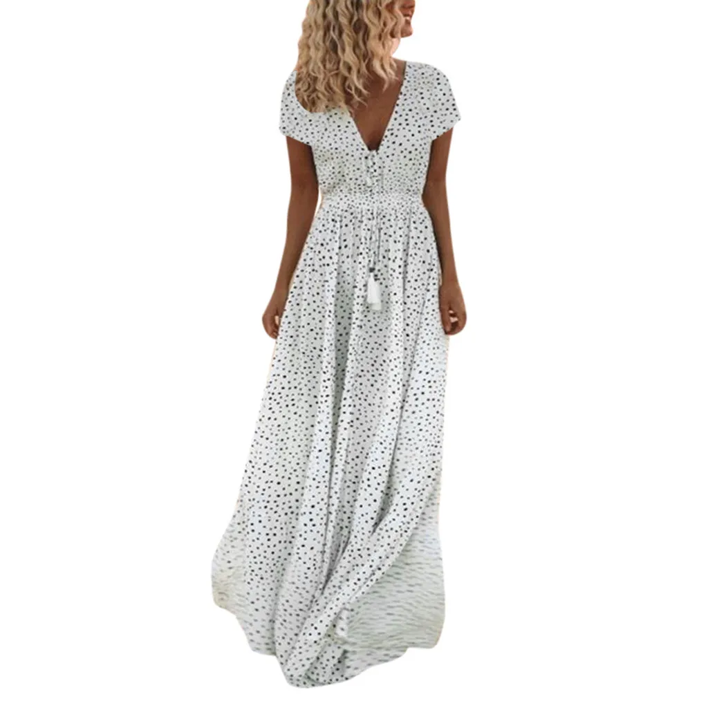 Vestido de festa longo, женское летнее платье, короткий рукав, в горошек, с кисточками, v-образный вырез, длинные платья, винтажная пляжная туника, макси платье, Saia