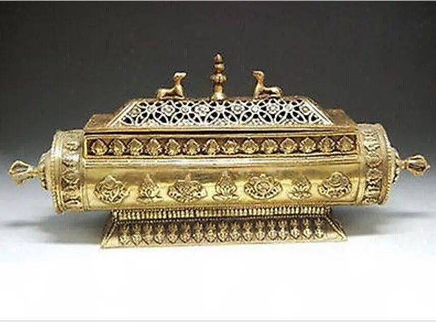 

Elaborate Chinese Tibet elongated aureate brass box statue incense burner