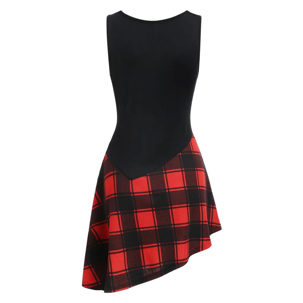 

Jaycosin clothes dress Summer Women Casual Fashion Lace Up Tartan Checked Plaid Print Asymmetrical Mini Dress