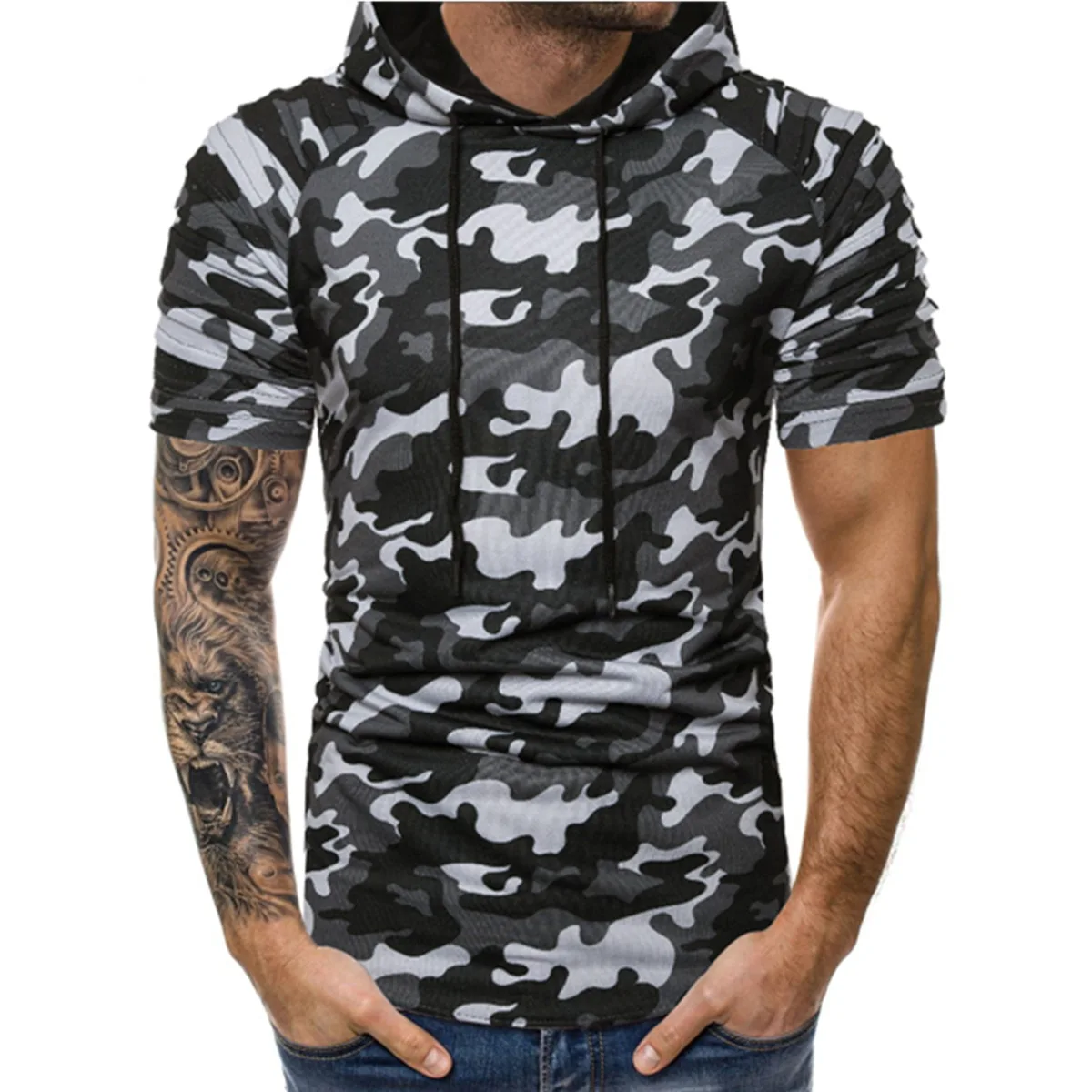 2017 Мужская камуфляжная футболка с капюшоном коротким рукавом большие футболки