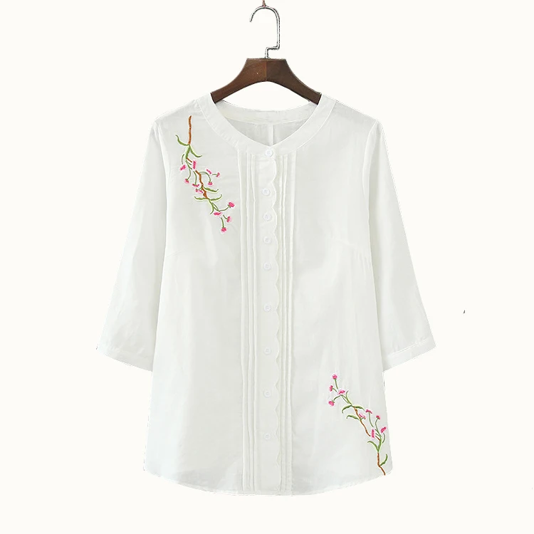 Большие размеры вышивка блузка рубашка хлопок лен женские блузки Camisas Femininas