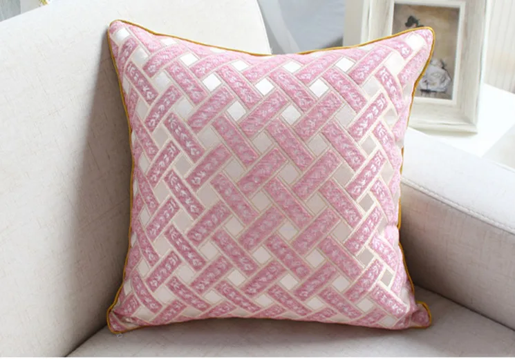 pink grid Роскошный чехол для подушки из синели с флокировкой, серый, бежевый, геометрические листья, домашняя декоративная подушка, наволочка 45x45 см/30x45 см - Цвет: pink grid