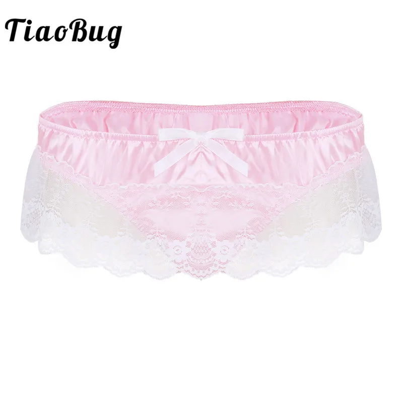 TiaoBug Для мужчин блестящего атласа нижнее белье Sissy трусики с рюшами и цветами