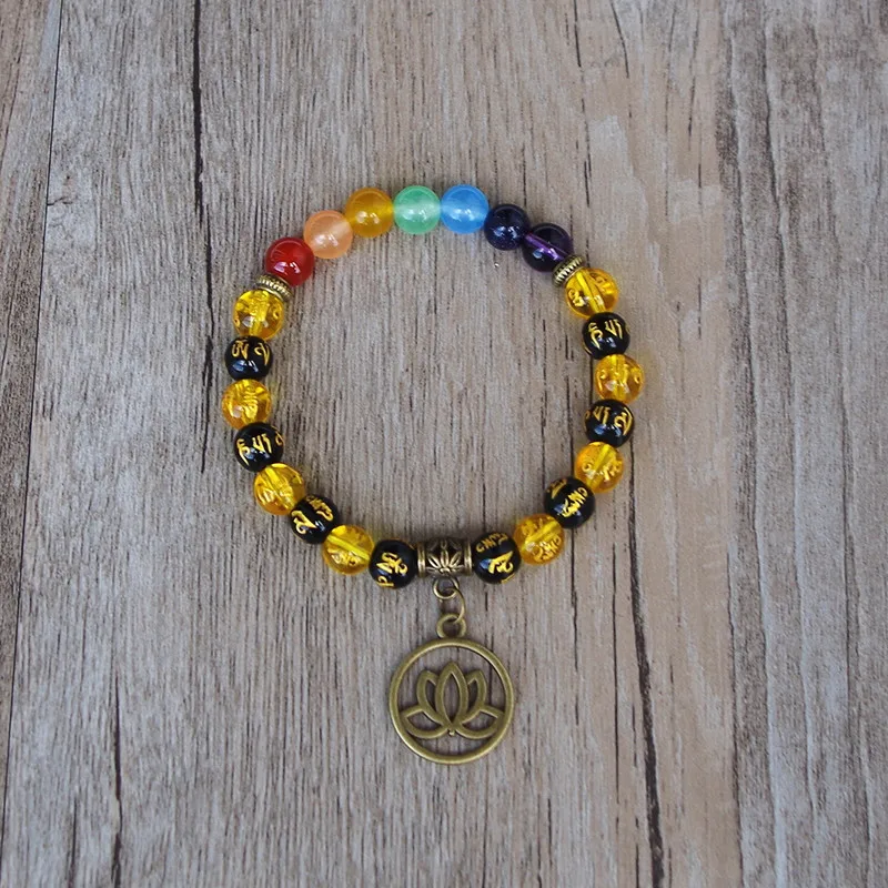 Женский и мужской браслет из семи чакр буддизм Ом Мани Падме ГУМ бусы Лотос