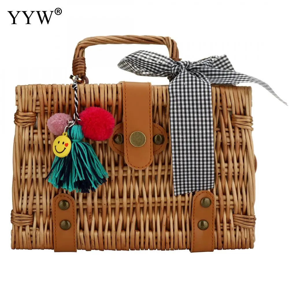 

Women Summer Rattan Bag Handmade Woven Beach Summer Hollow Small Beach Handbags Female Square Vintage Style Straw Bag Handbag