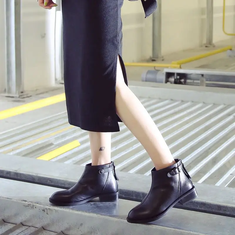 TAOFFEN British Style Real Leather Women Ankle Boots Zipper Round Toe Shoes Winter Autumn Warm Chelsea Size 35-39 | Обувь