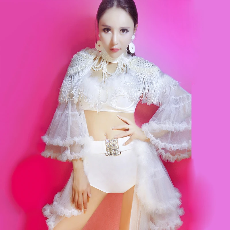 Women Nightclub Jazz Dance Costume Hip Hop Stage Clothes For Singers Dj Holographic White Party Outfits Lady DL2966 | Тематическая