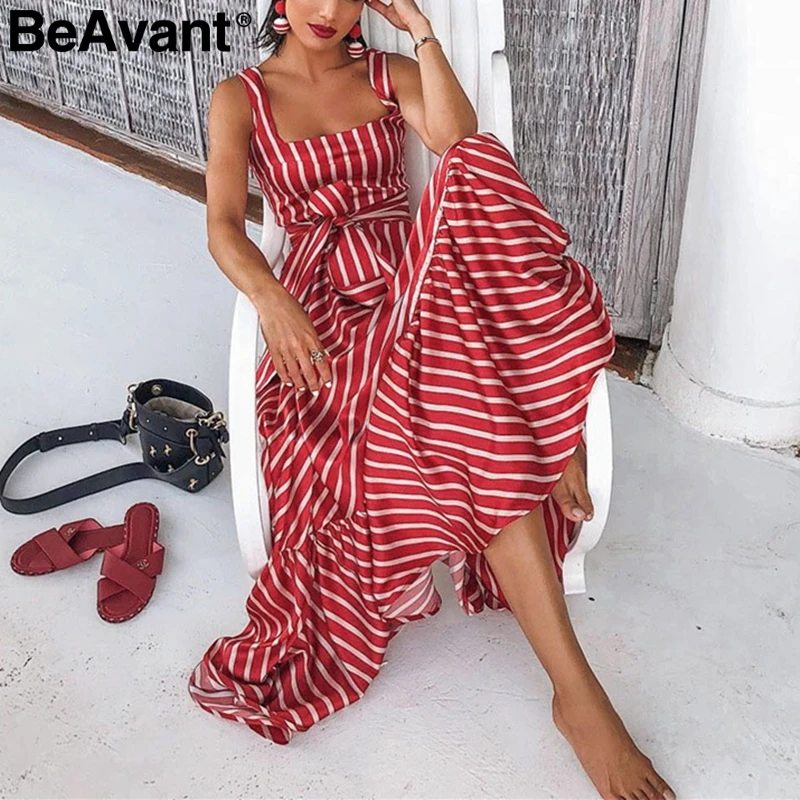 Женское винтажное платье BeAvant красное в полоску без рукавов с поясом и высокой