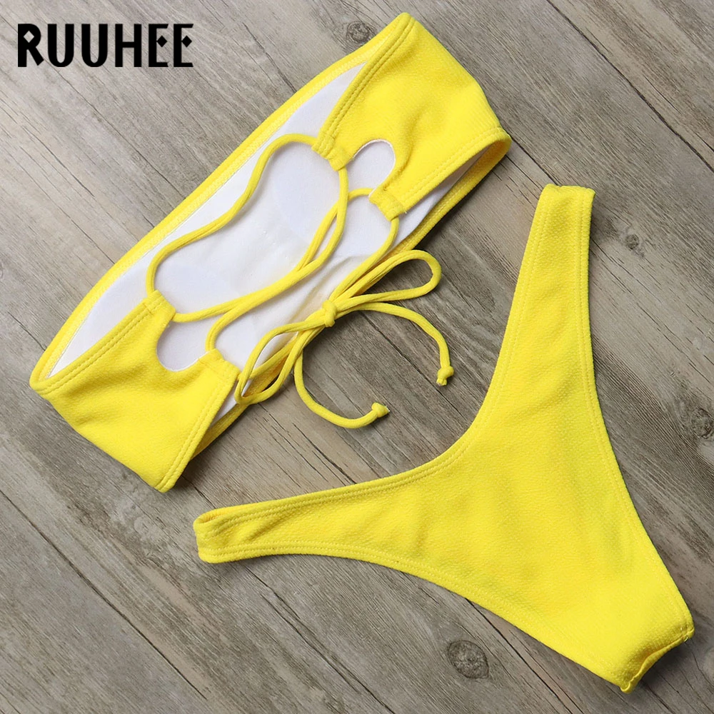 Женский купальник бикини RUUHEE однотонный бандо с ремешком на спине для