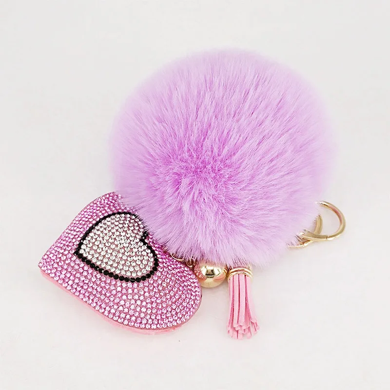 

Pompom Keychains Rhinestone Heart Women's Bags Key Ring Handmade Accrssories Keyrings Pendants Charming Suspension Decoration