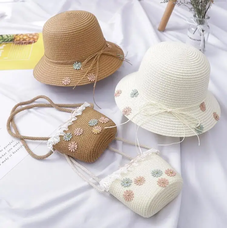 Летние соломенные плетеные солнечные шляпы для девочек, кепки с козырьком+ соломенная сумка на плечо, комплекты, плетеные шляпы, детская Милая пляжная шляпа принцессы с цветочным рисунком