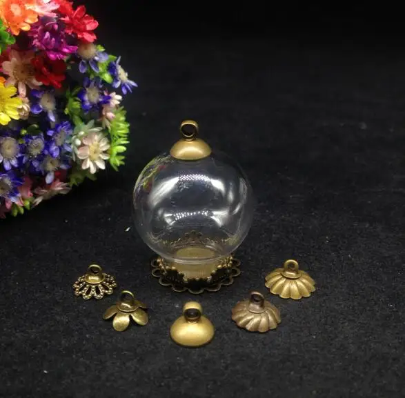 

10pcs 25*15mm clear glass vial pendant with flower lace tray metal cap glass wishing bottle necklace glass cover dome jars gifts