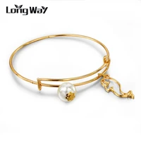 longway famous brand gold color adjustable diameter bracelets simulated pearl fish charms bracelet pulseira feminina sbr150224