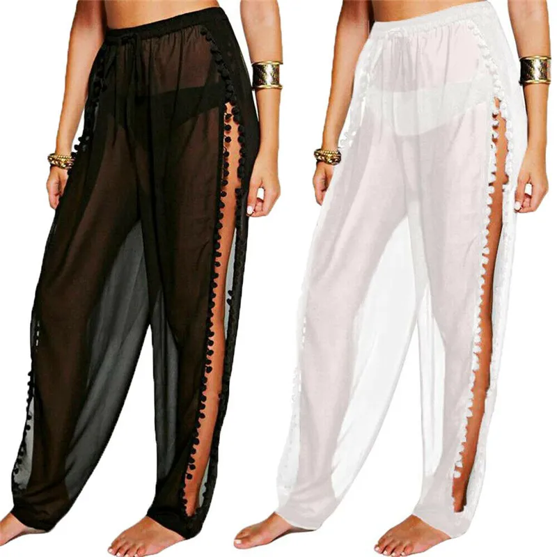 Женские сетчатые прозрачные брюки с боковым вырезом кисточками шаровары женские