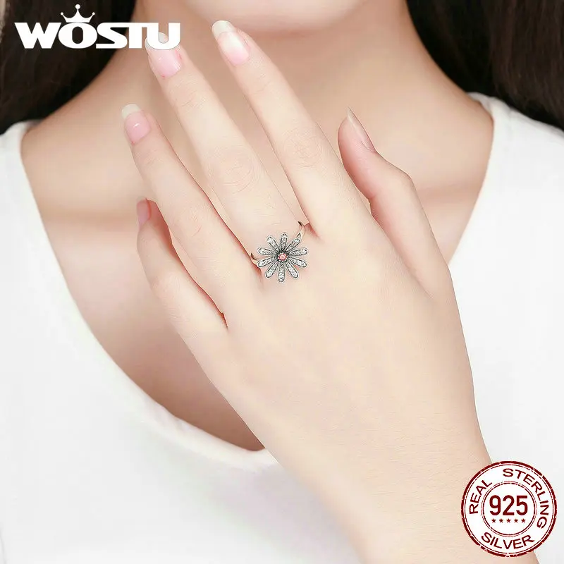 WOSTU Hot Sale 925 Sterling Silver Sparkling Daisy Flower Finger Rings For Women Fashion Engagement Ring Jewelry Gift CTR011