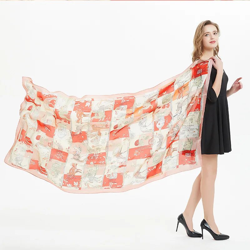FXAASS Bandana Women Hijab Spring Summer Scarf Fashion Ladies Retro Luxury Silk Beach Shawls Print 180*90cm Large Cape Headscarf |