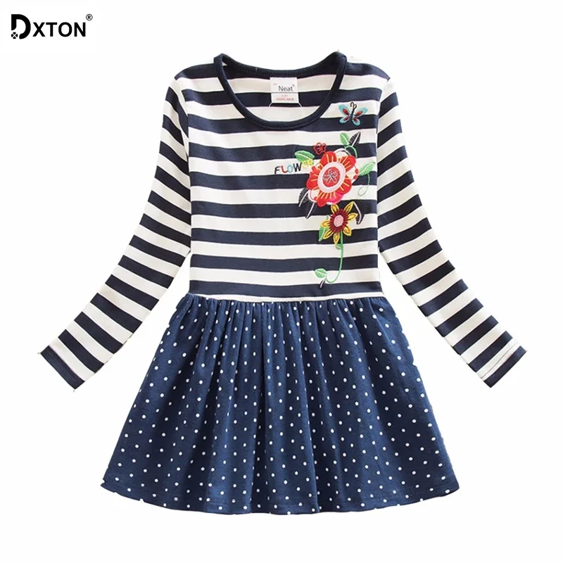 Dxton Girls Winter Dress Appliques Flower Kids Clothing Stripes Long Sleeve Princess Dots for Children | Детская одежда и обувь