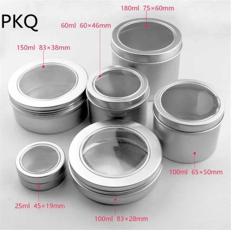 20pcs 25ml 60ml 100ml 150ml Aluminium Silver jars with window Empty Sample Container Powder cans Cosmetic Travel Pot | Дом и сад