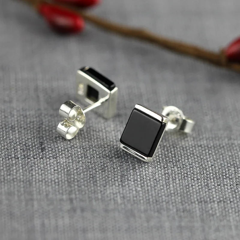 Женские серьги гвоздики из серебра 100% пробы с натуральным черным агатом|stud