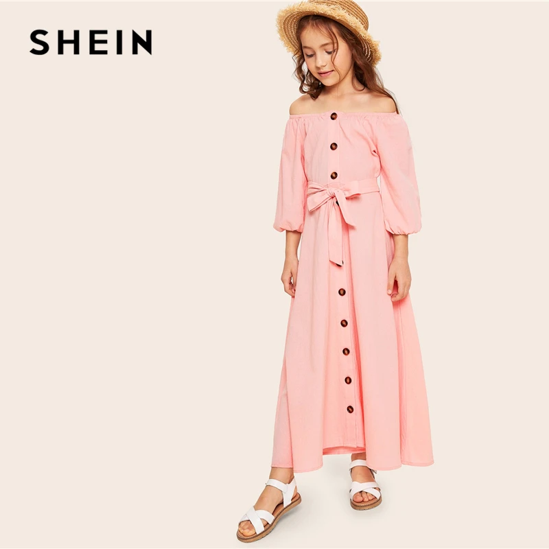 SHEIN/милое розовое платье для девочек с открытыми плечами, пуговицами и поясом спереди, Boho, лето, детские платья трапециевидной формы с рукавом «Бишоп»
