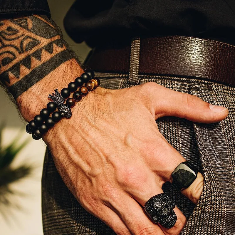 Браслет с каменными бусинами мужские аксессуары набор из 2 предметов ручной