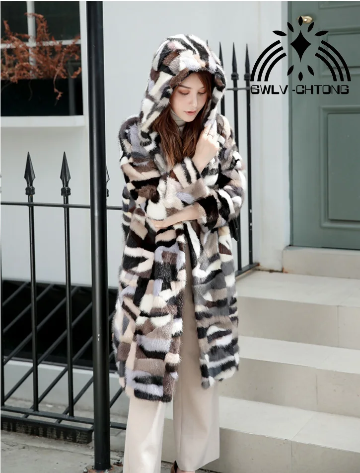 Женская Шуба из натурального меха норки с капюшоном модная яркая длинная шуба